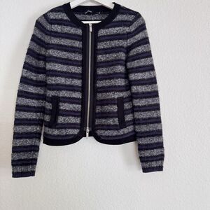 Karen Millen Cardigan Sz 4 Gray Black Blue Striped Cotton Mohair Blend Zip Pocke
